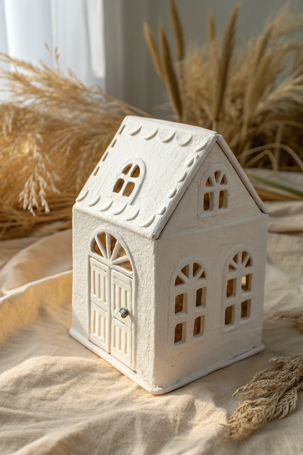 Greenhouse-style mini clay house with crisp window cutouts, minimalist and charming.