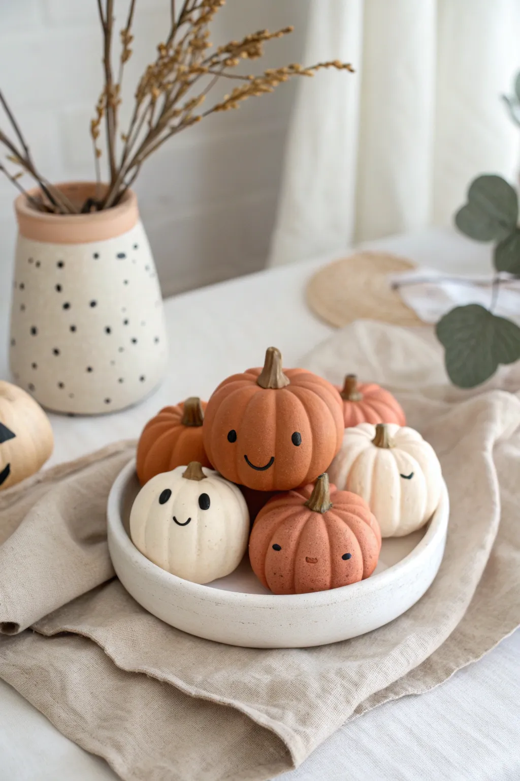 Mini pumpkin cuties in cozy autumn tones, perfect beginner clay decor for your fall shelf.