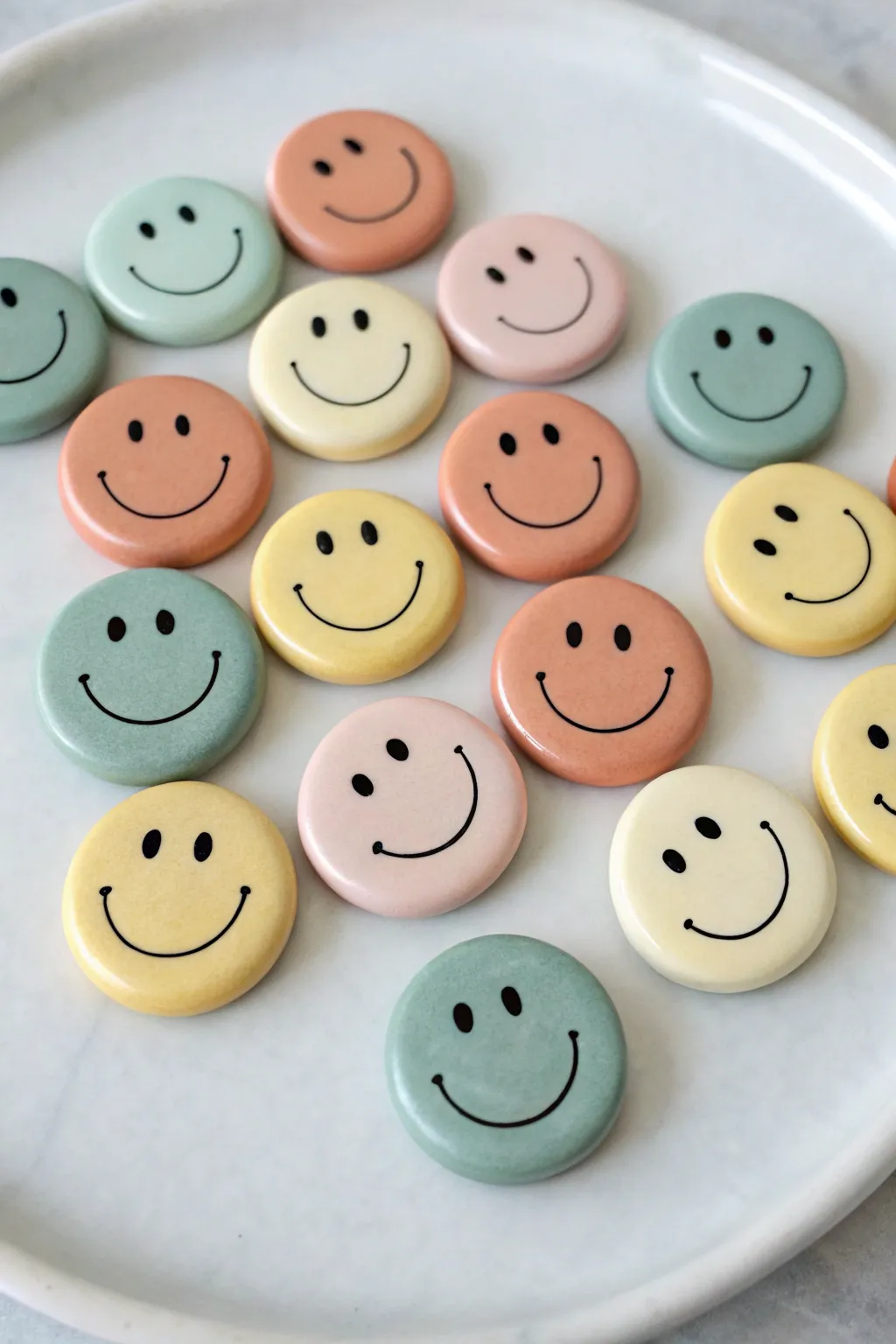 Mini happy face clay magnets in pastel tones, neatly arranged for an easy, cheerful DIY.