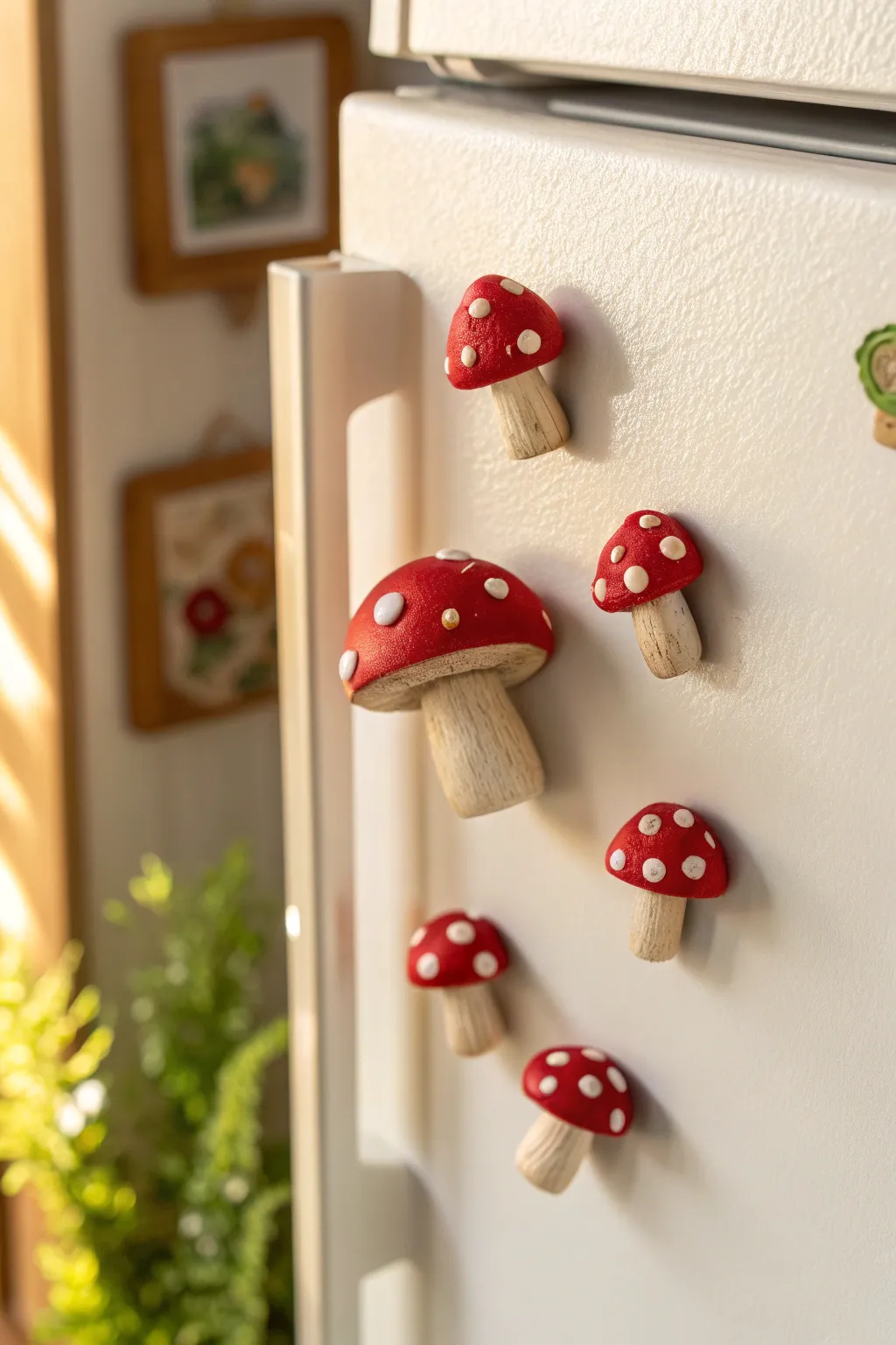 Whimsical mushroom forest clay magnets to brighten your fridge with minimalist boho charm.