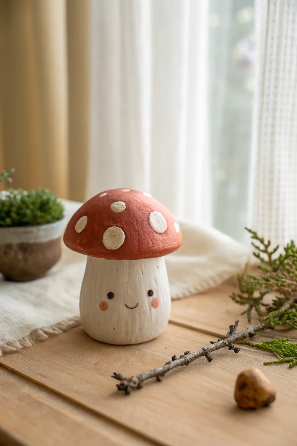 Sweet mini mushroom character with tiny feet, a cozy woodland touch for your clay shelf.