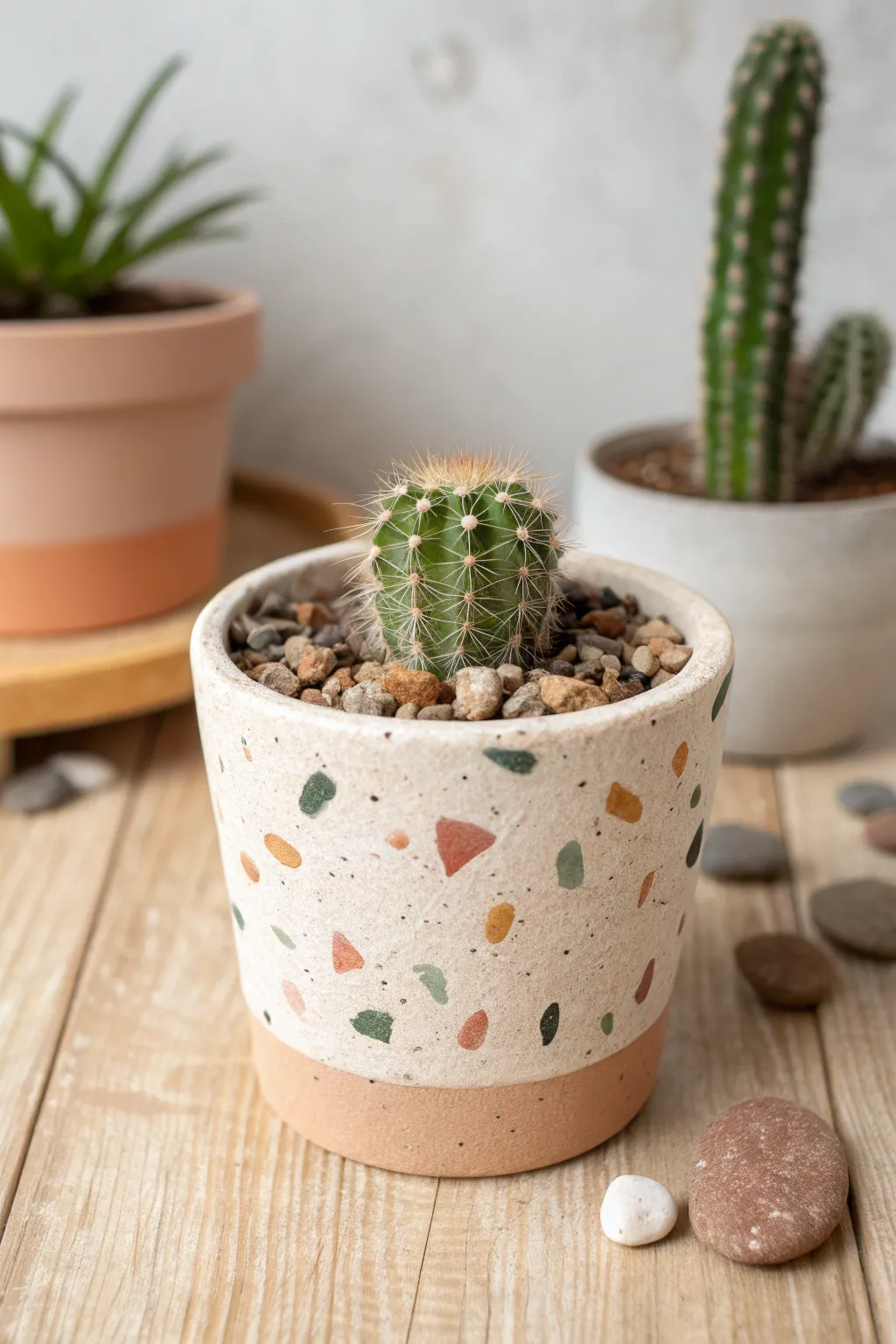 Terrazzo flecks on a neutral mini pot for an easy, modern look with a tiny cactus accent