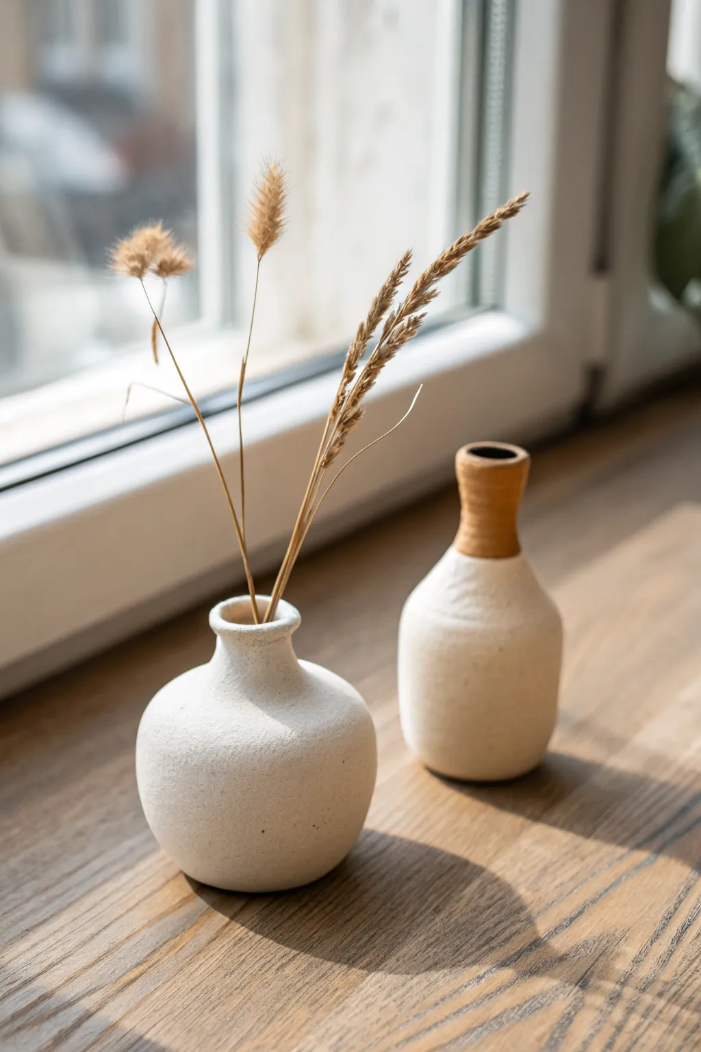 Two petite clay bud vases with dried stems, minimal styling and soft natural contrast
