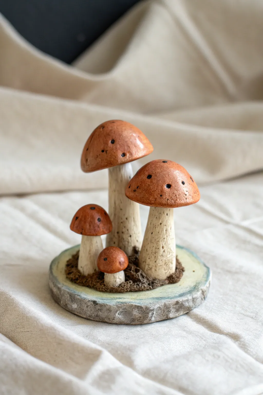 Pocket-size clay mushroom cluster, simple speckled forest charm in soft minimalist tones