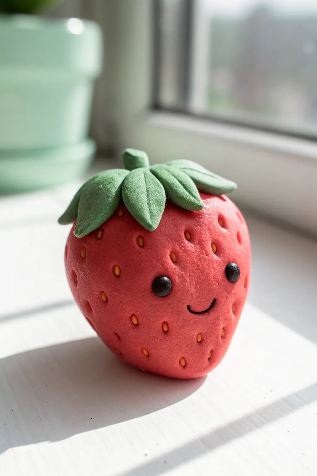Mini clay strawberry with dot seeds and a cute face, simple, chunky, and perfect for beginners