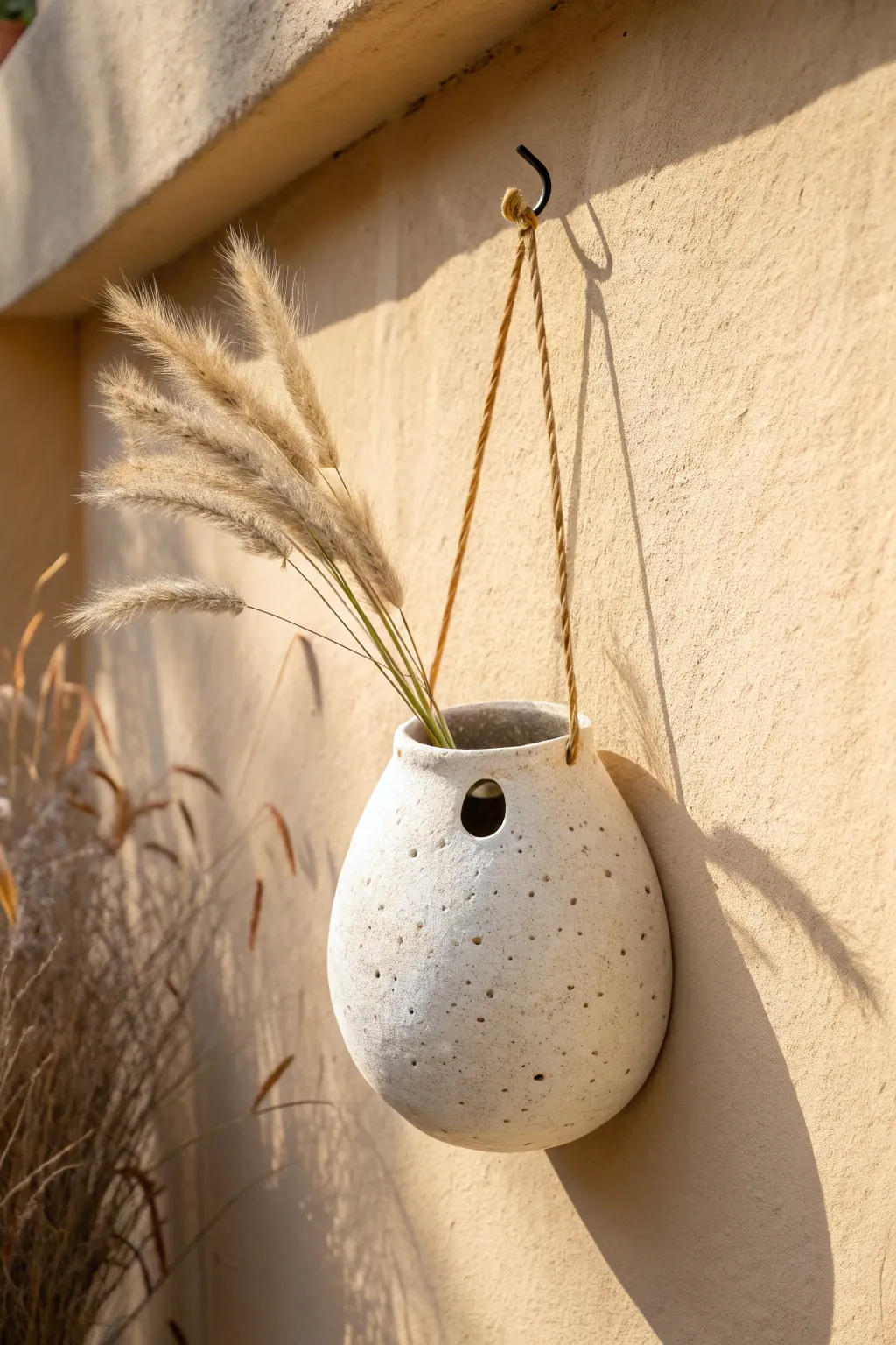 Mini wall pocket vase with a single dried sprig, Scandinavian minimalism with soft boho warmth.
