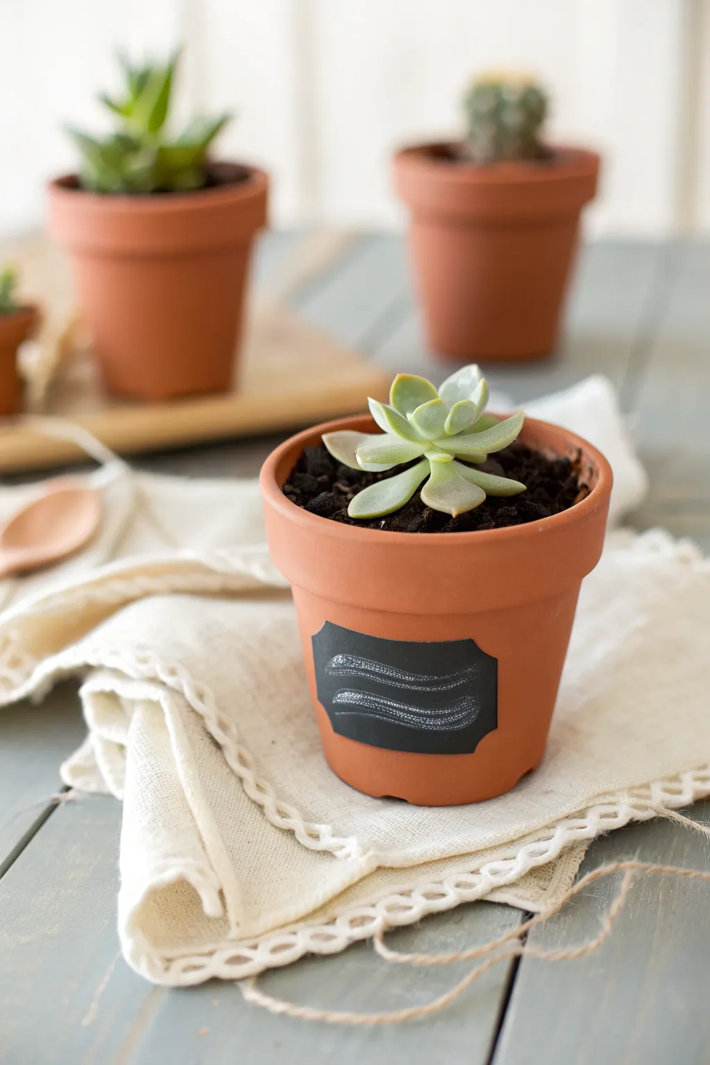 Chalk-label mini terracotta pot favor with a tiny succulent, minimalist and softly boho