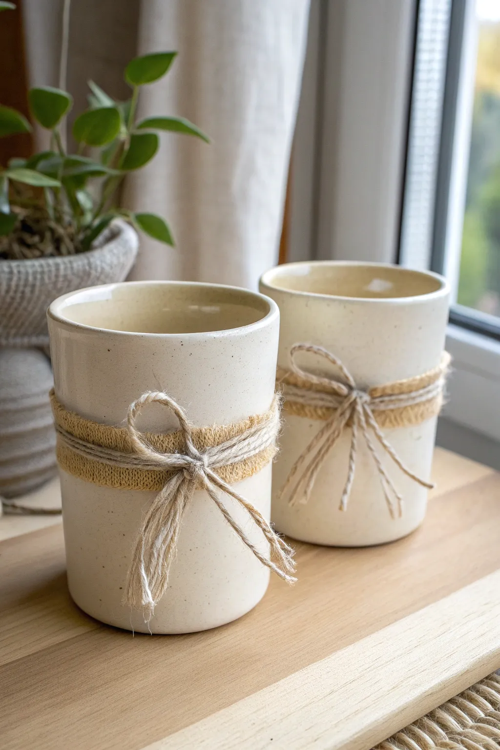 Soft linen bands add cozy texture to satin-glazed tumblers in a simple mixed-media look.