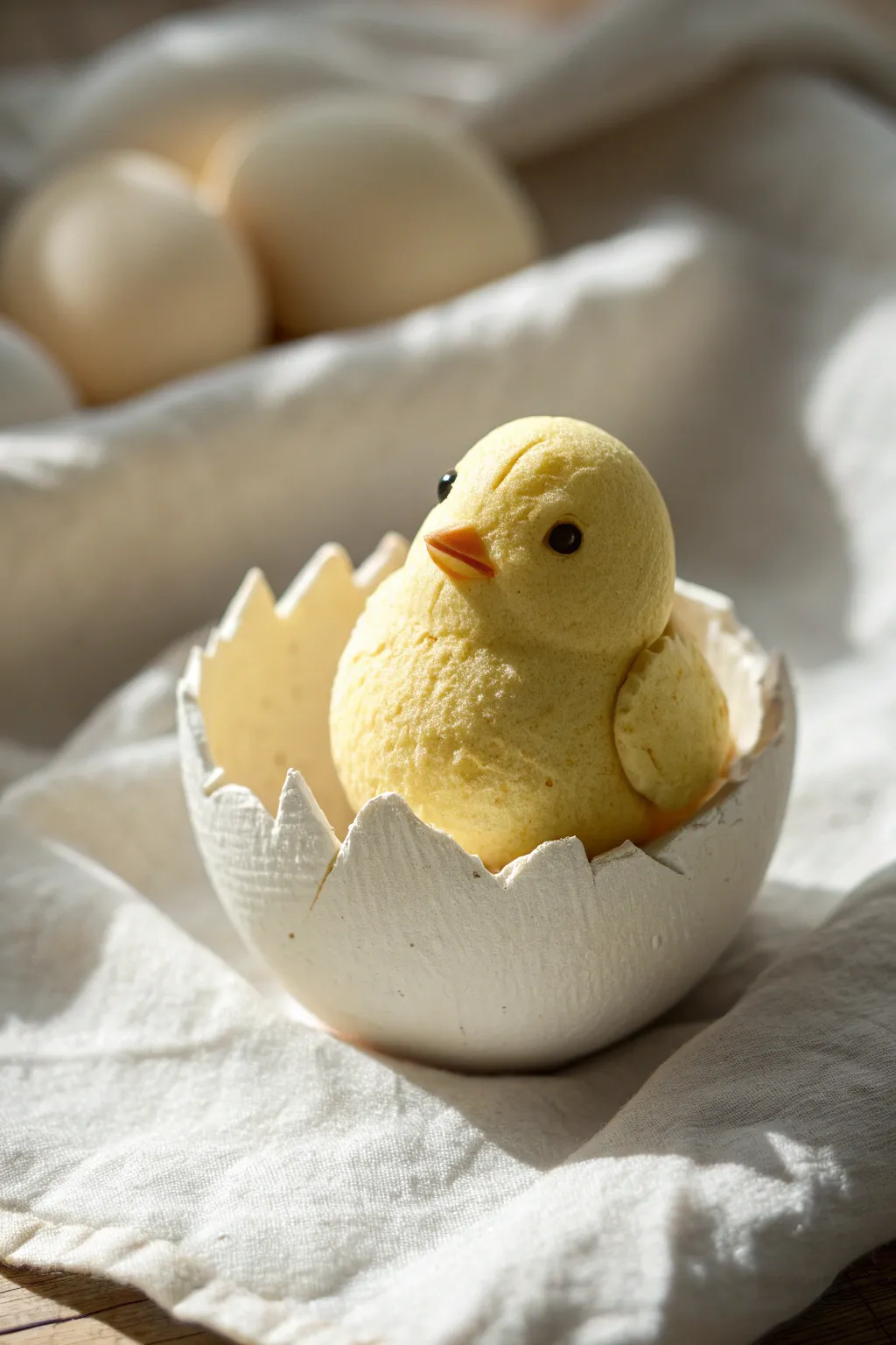 Soft model magic chick in a cracked eggshell cup, minimalist spring decor with handmade charm.