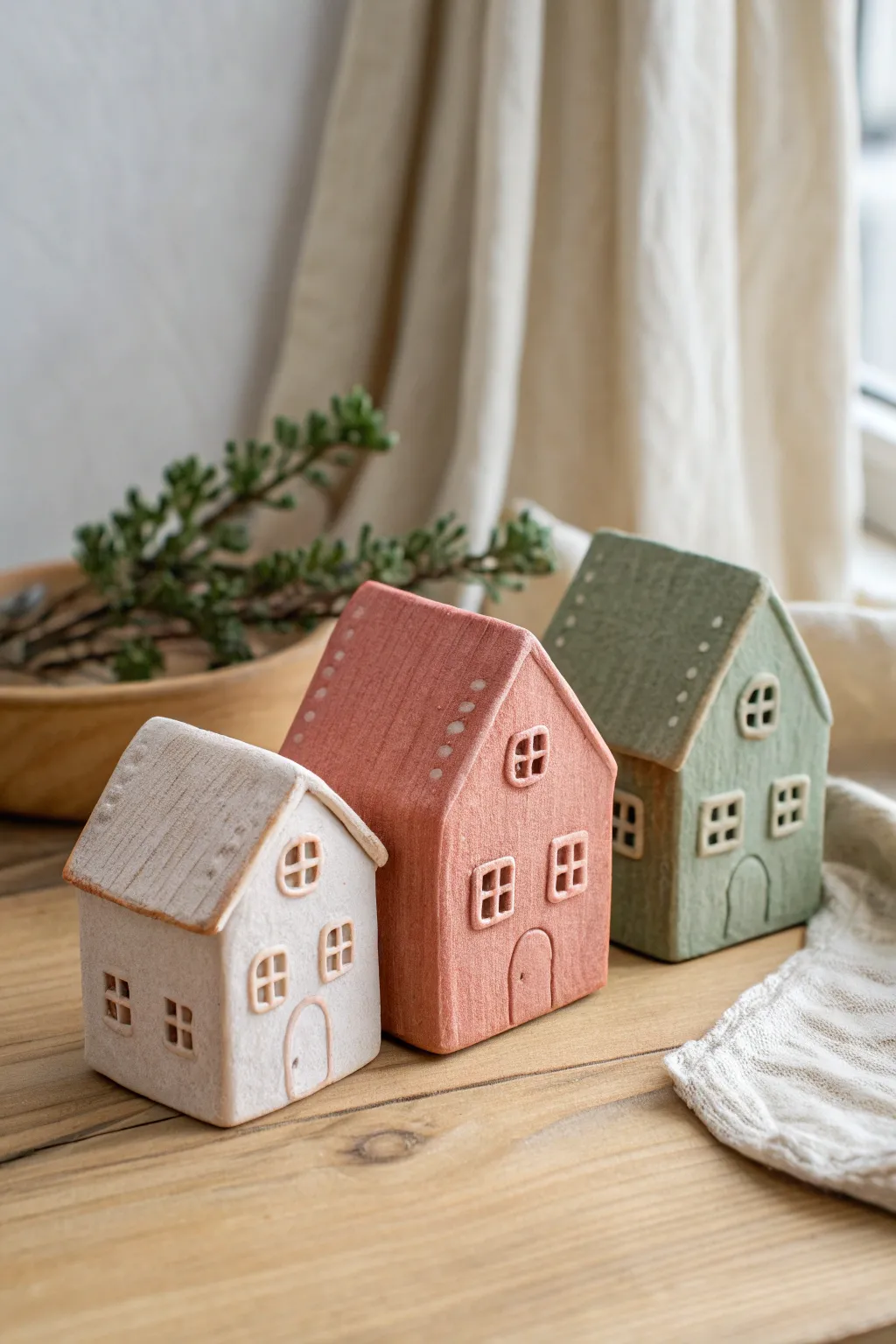 Mini clay house keepsake ornaments in soft earthy tones, simple windows, and cozy Nordic charm