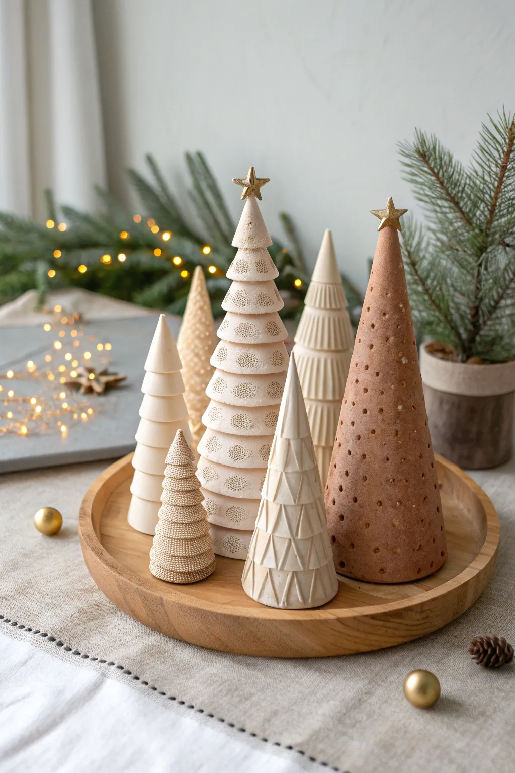 Create a cozy mini forest centerpiece with simple cone clay trees in calm Nordic boho style.