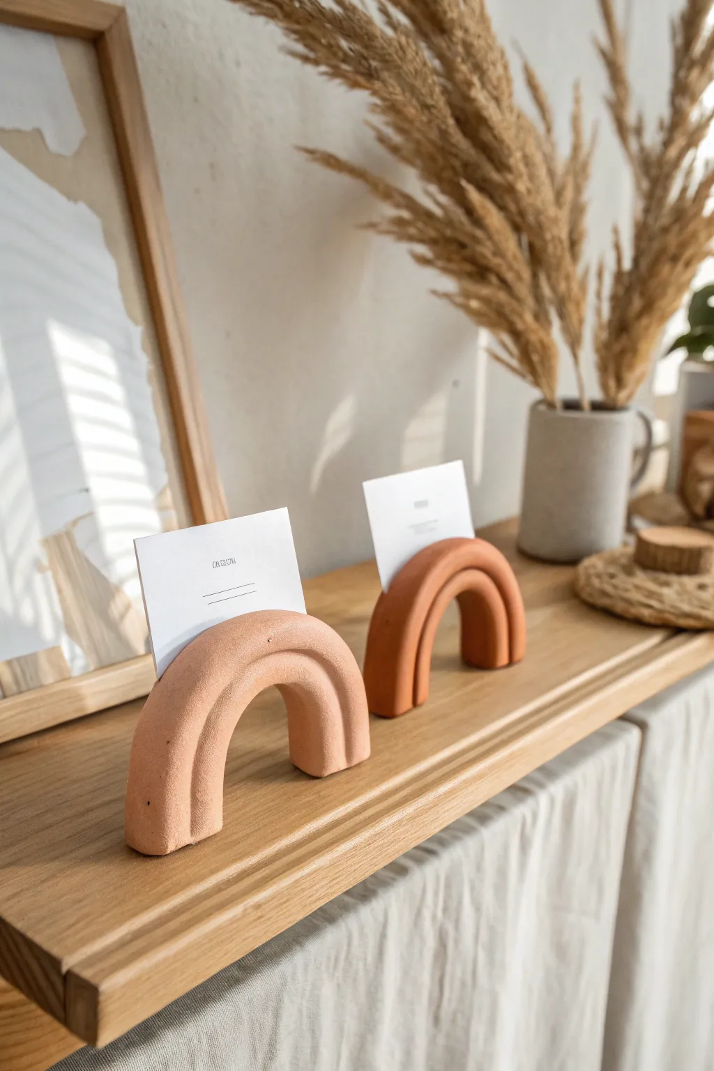 Matching minimalist clay photo holders for two snapshots, a cozy couples craft with Scandinavian calm
