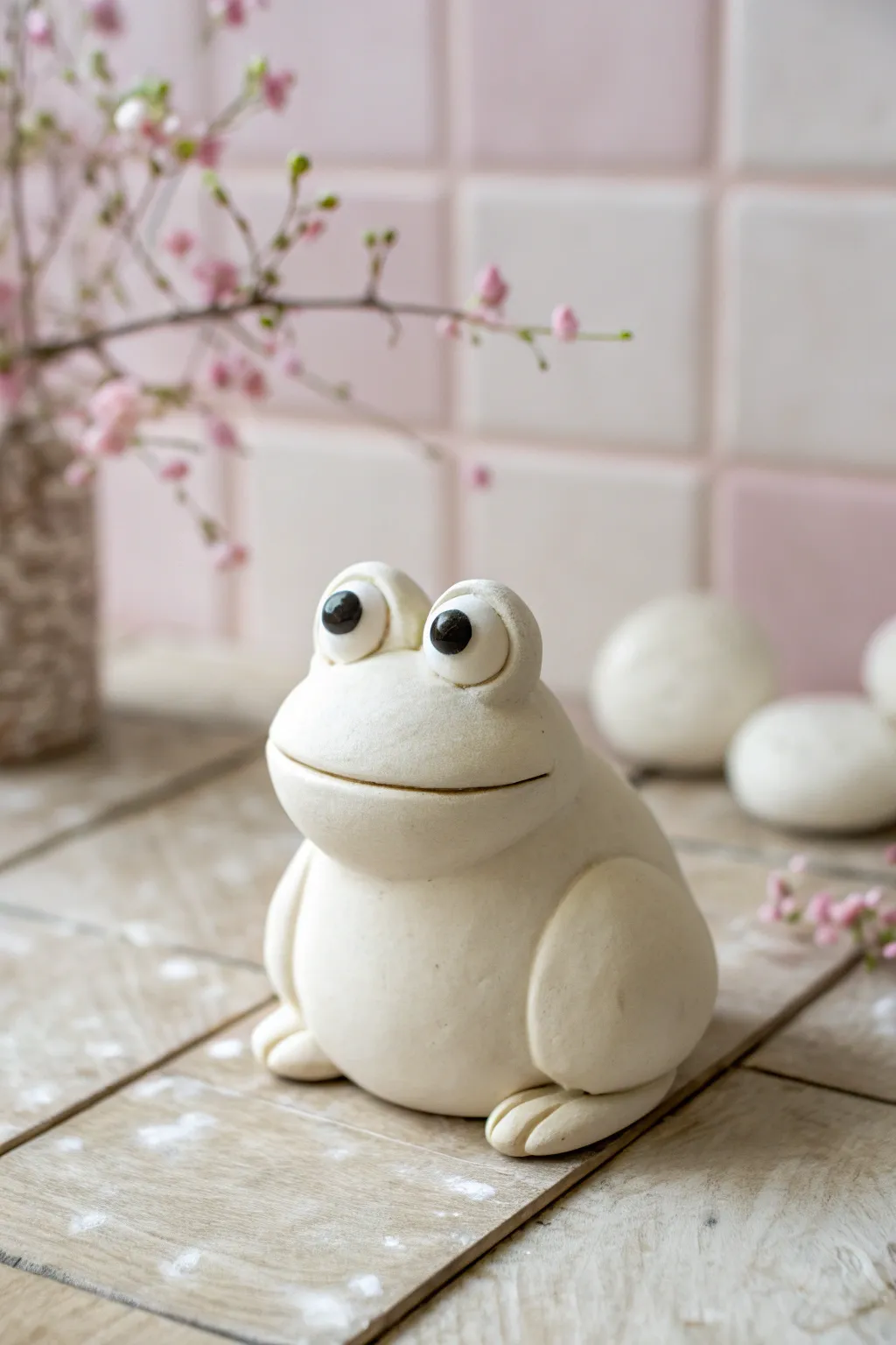 Beginner clay frog made from simple balls and ovals, clean and cute in a minimalist style