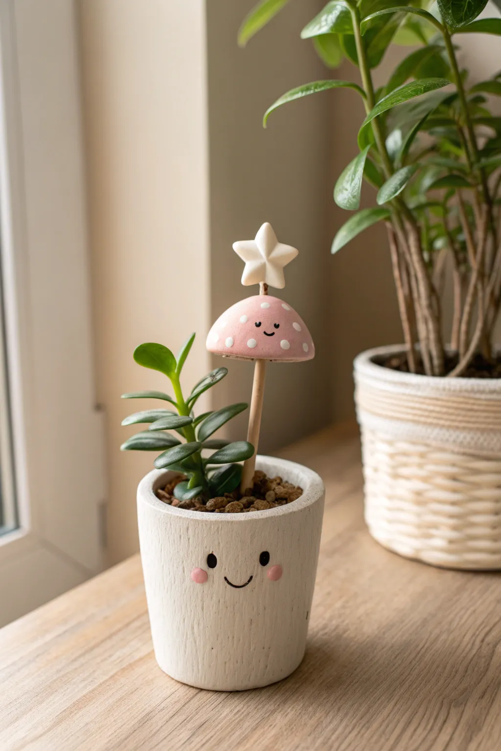 Cute kawaii clay mushroom plant stake in minimalist pot, cozy Scandinavian boho vibe.