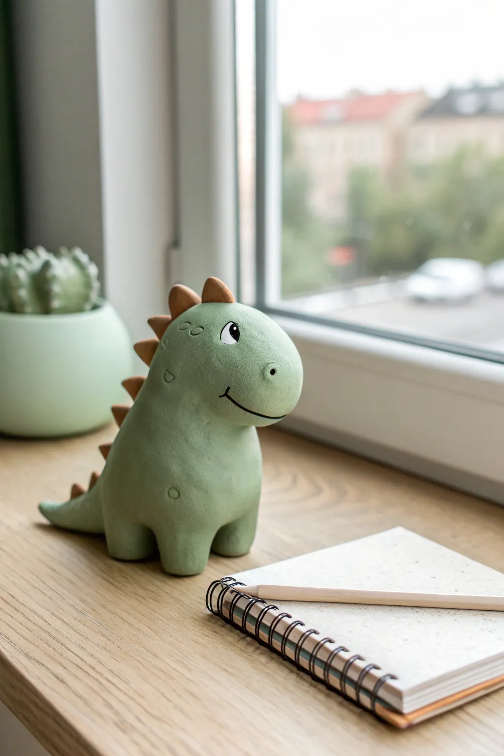 Chubby clay dino desk buddy with a sweet smile, simple spikes, and a smooth matte finish