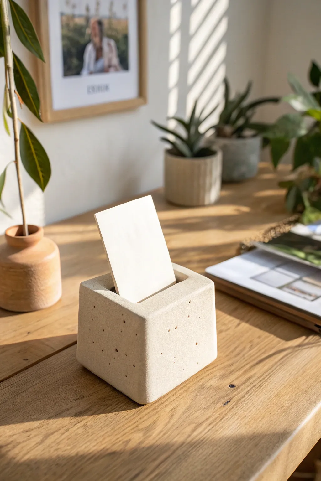 Minimal clay photo holder with pinched slot, sunlit and serene for your favorite snapshot.