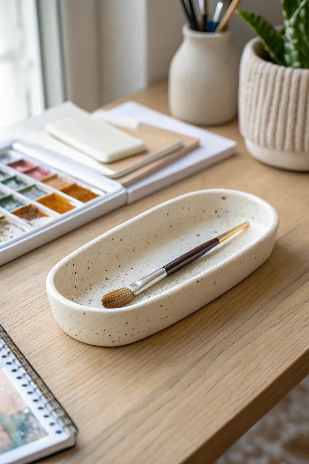 Minimal clay brush rest that keeps your tools tidy and looks beautiful on your art desk.