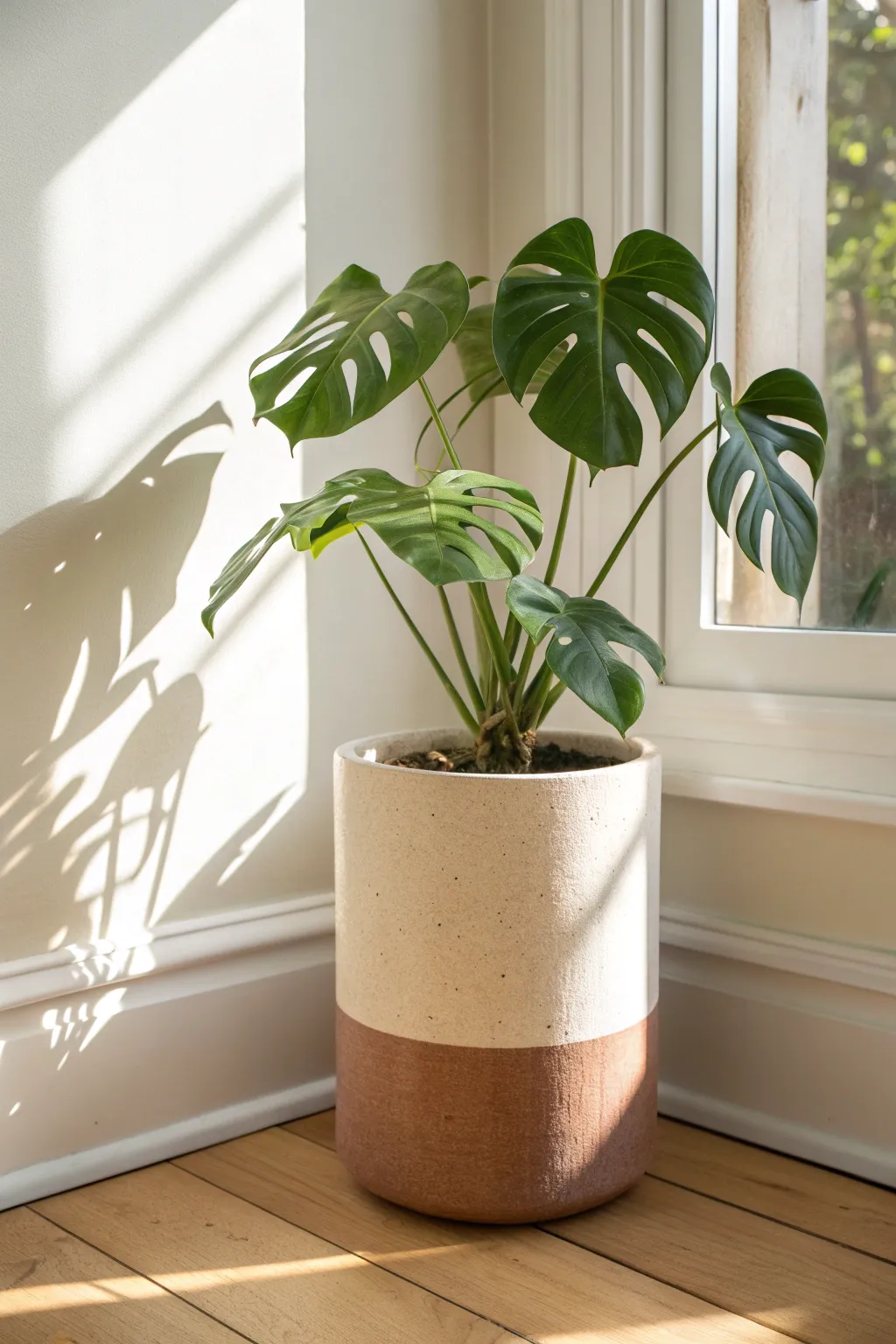A sunny corner moment: monstera in a two-tone neutral glazed planter with soft modern styling.
