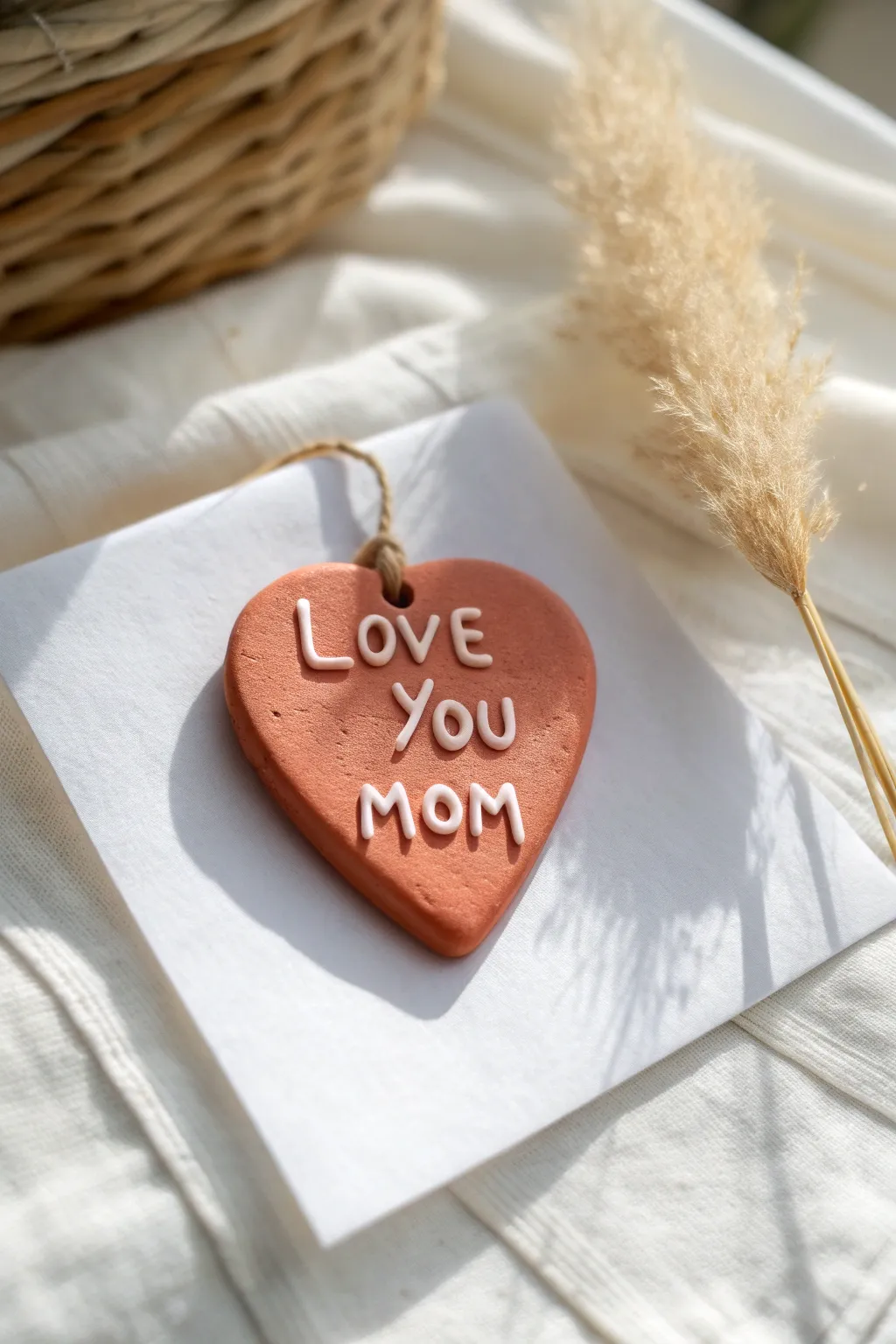 Gift-ready clay heart pendant with Love You Mom lettering, minimalist card styling and warm boho tones.