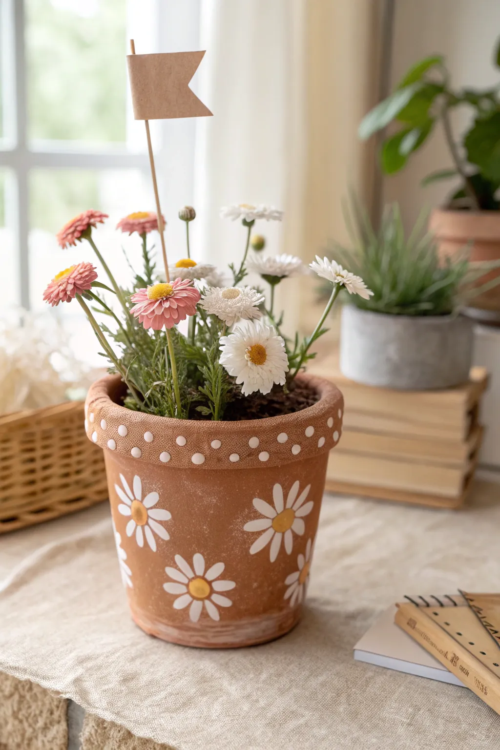 Forever flower pot: terracotta with handmade blooms, a sweet Mothers Day keepsake bouquet.