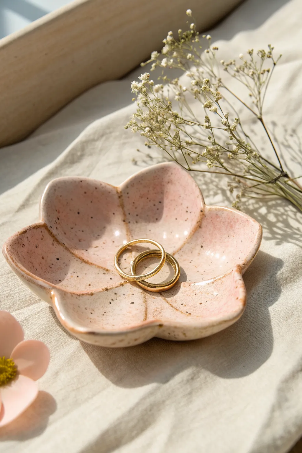 Sweet flower-shaped clay ring dish in soft pastels, a thoughtful Mothers Day gift for her jewelry