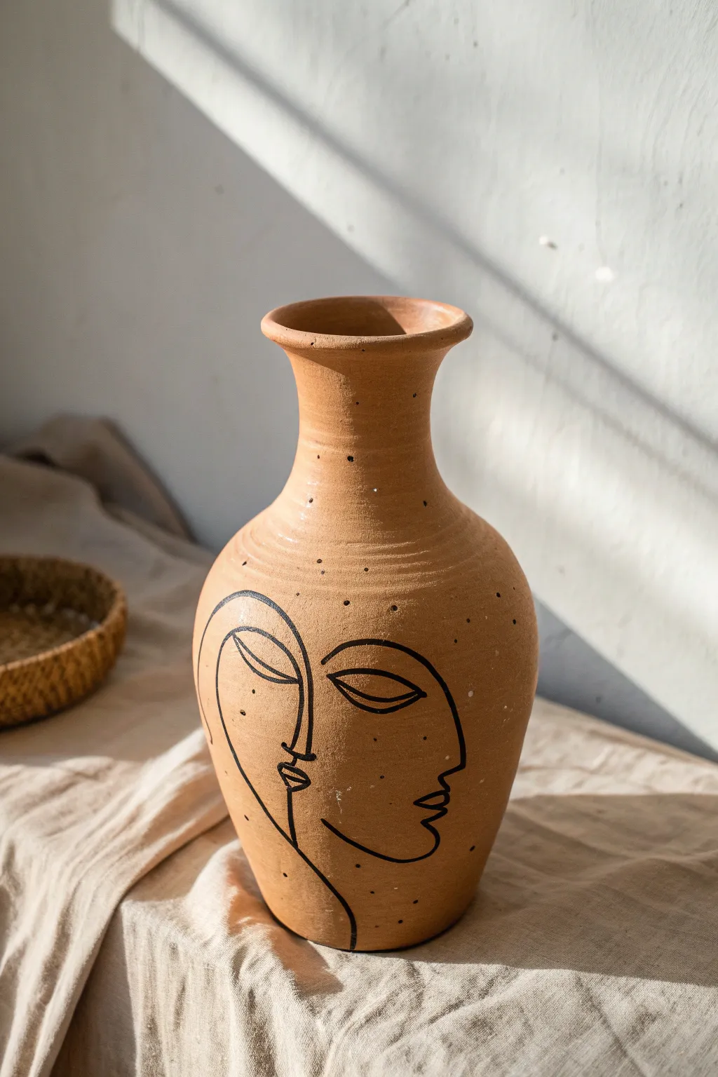 Minimal line-face on warm mud clay vase, a calm modern accent for simple boho shelves.