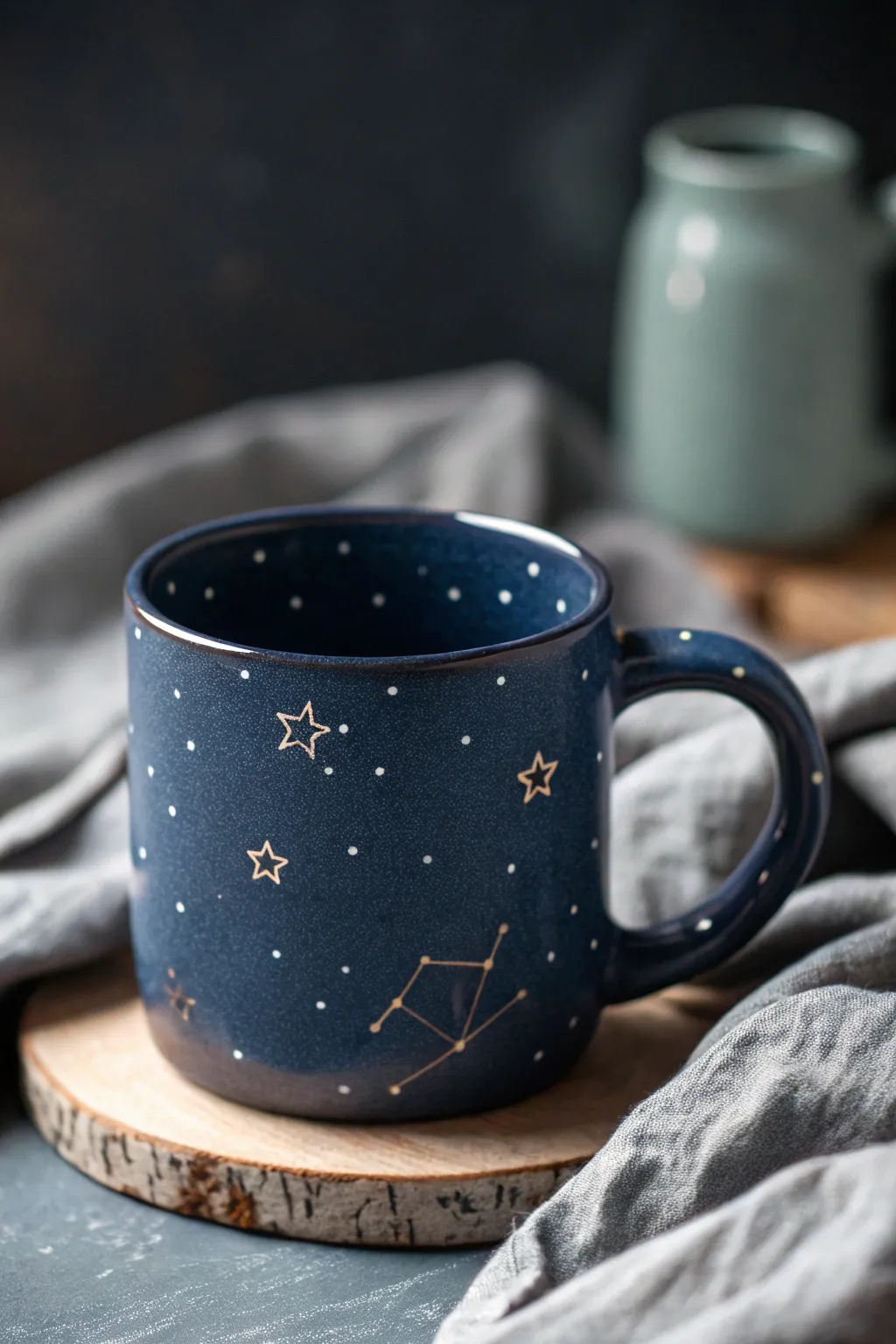 Deep navy mug with simple gold constellations and star dots for a cozy night-sky vibe.