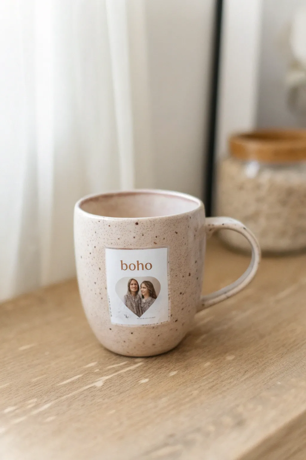 Minimalist mug with heart window photo insert, cozy neutral tones and Scandinavian boho charm
