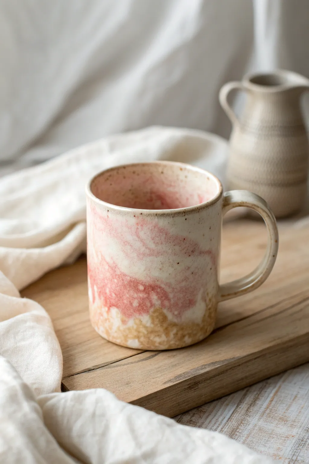 Soft sponge-dab glaze in two close tones creates an airy cloudy texture on a simple mug.