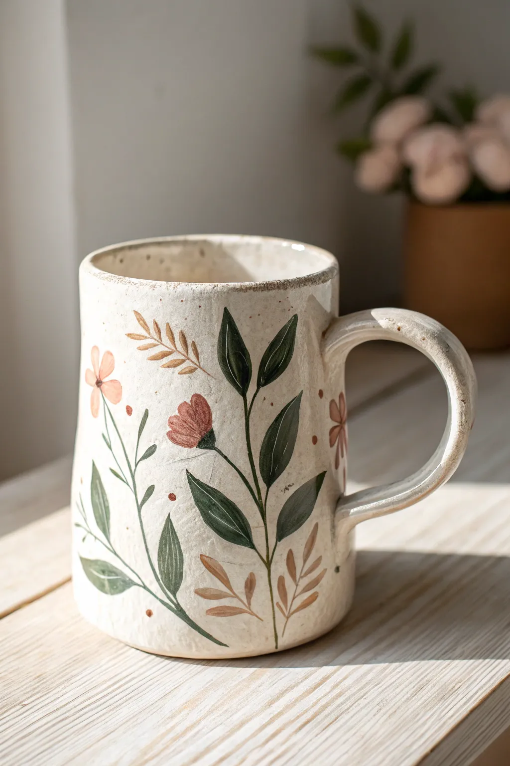Botanical mug painting idea with leafy greenery and soft blooms for a modern, cozy look