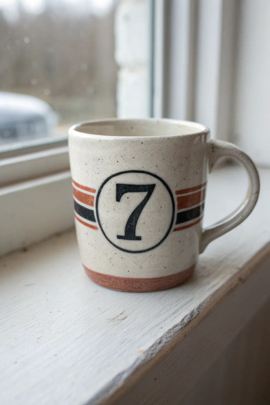 Sporty captain style mug with bold number emblem, minimalist stripes, black plus terracotta accent.