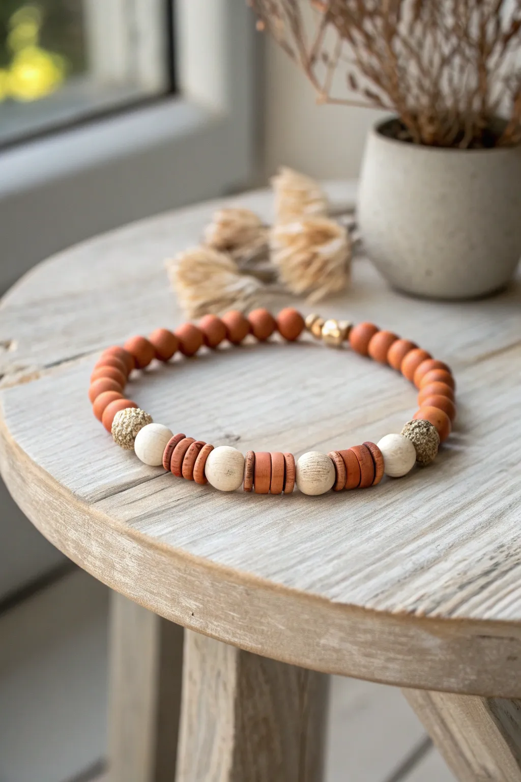 Native American inspired mix of earthy heishi clay and warm wood beads in a simple boho bracelet.