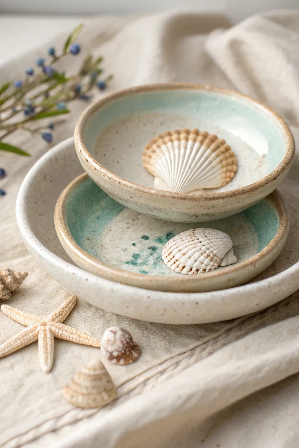 Coastal trinket dishes with shell impressions and seaweed textures in soft sandy tones