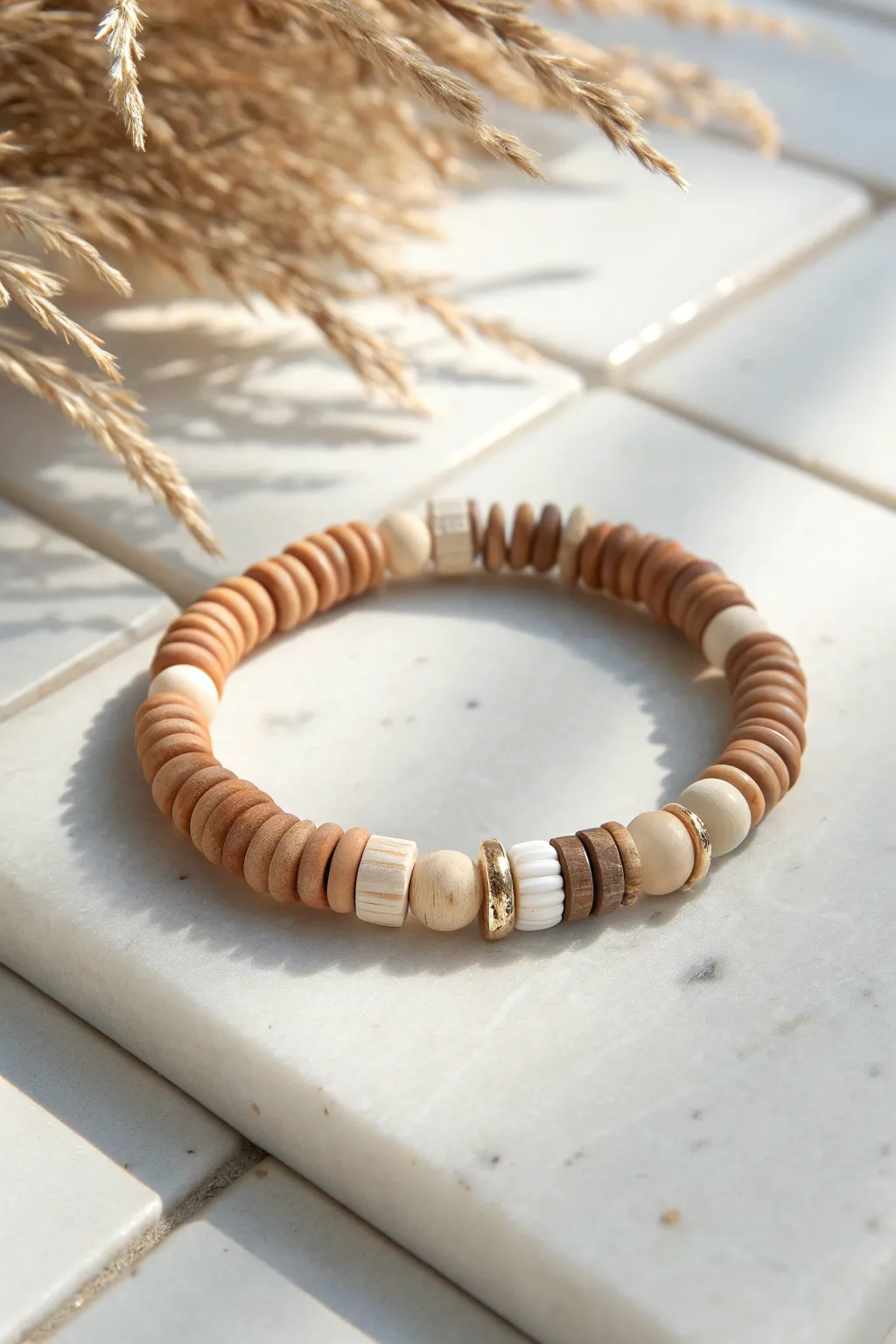 Neutral clay bracelet with heishi and chunky rondelles for a modern minimalist boho look
