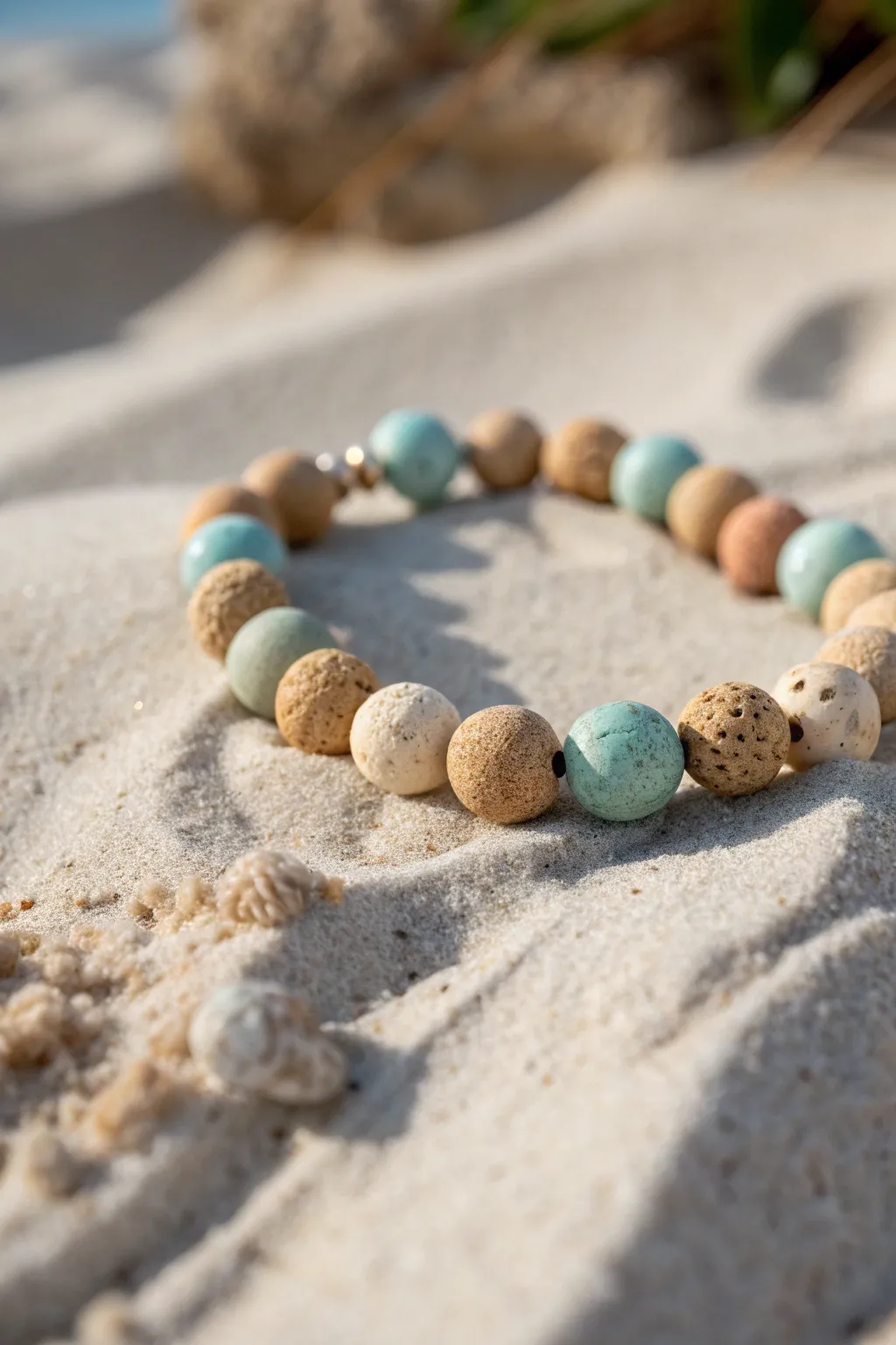 Sand and surf clay bead bracelet in tan, cream, and soft blue on airy linen texture.