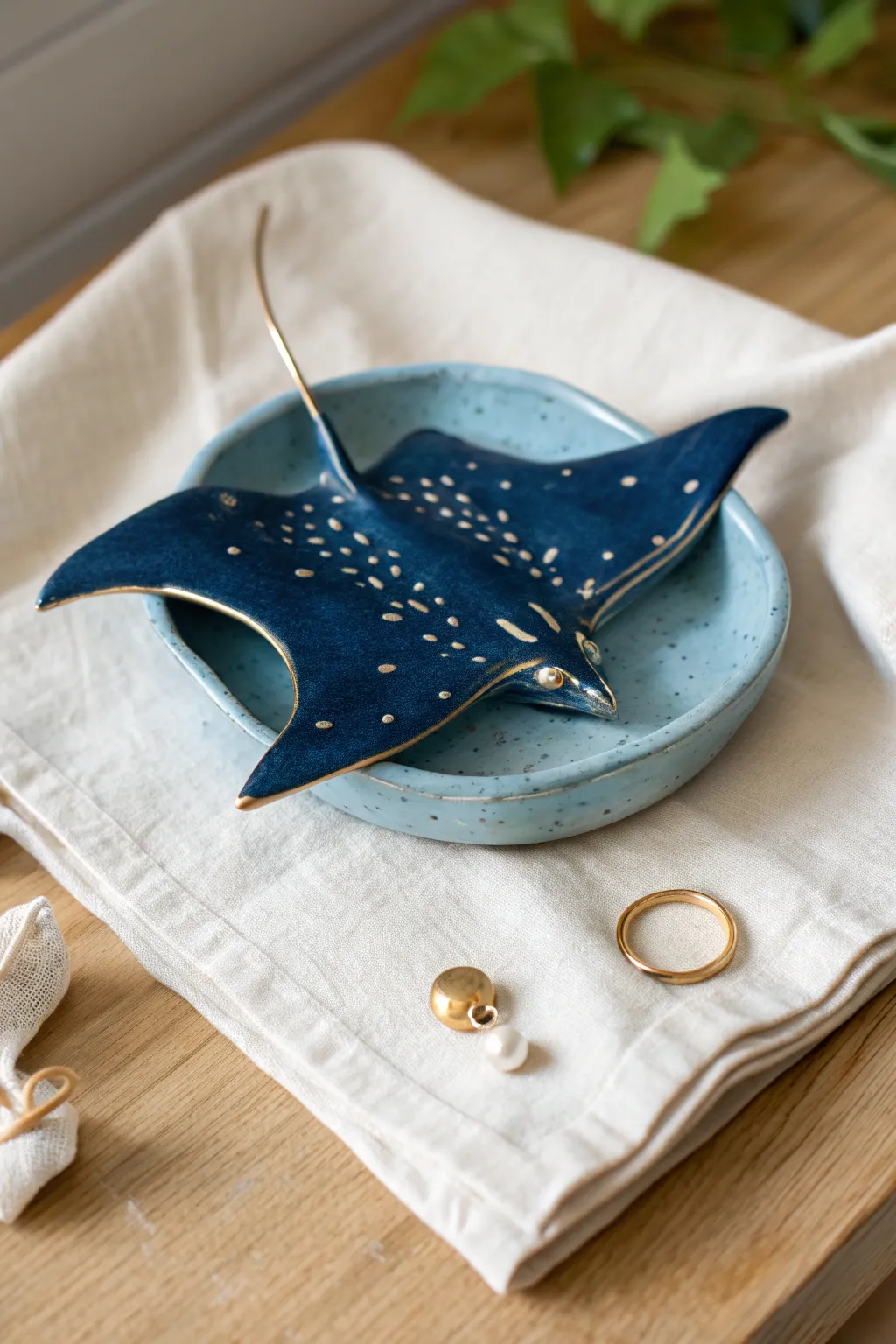 Deep blue speckled manta ray tray, a minimalist ocean-inspired catchall for tiny treasures.