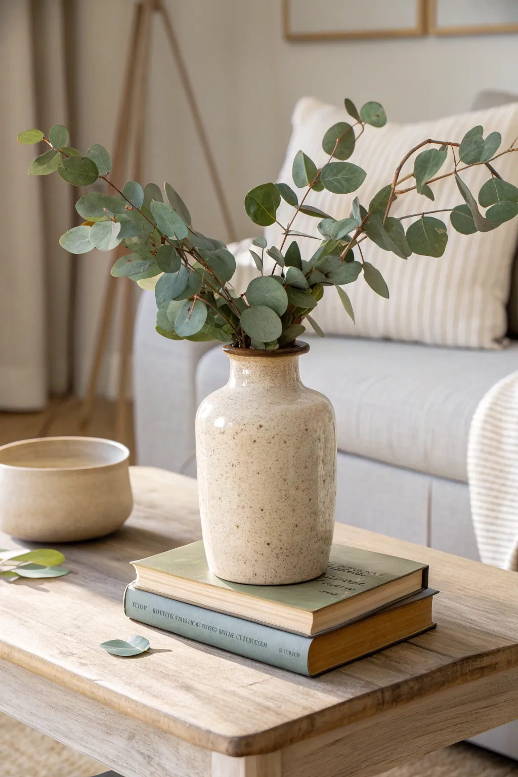 Old crock centerpiece with fresh clippings on stacked books, bright and simple coffee-table decor