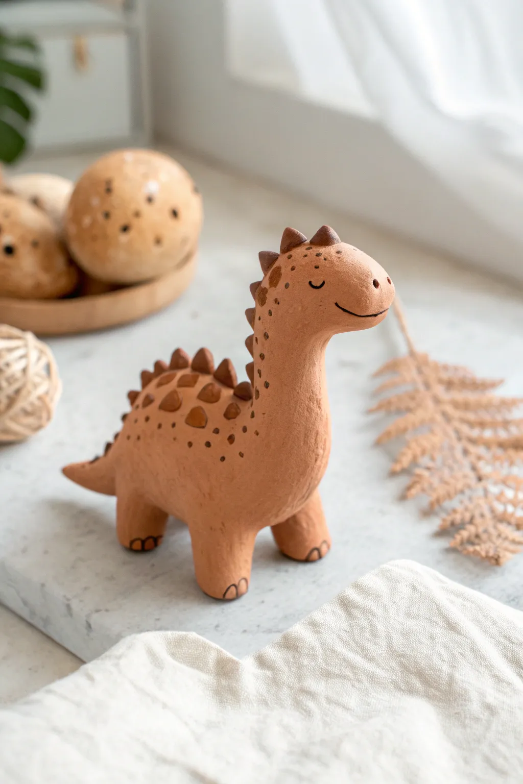 One-color clay dino with scaly tool marks, minimalist styling, and side light for bold texture.