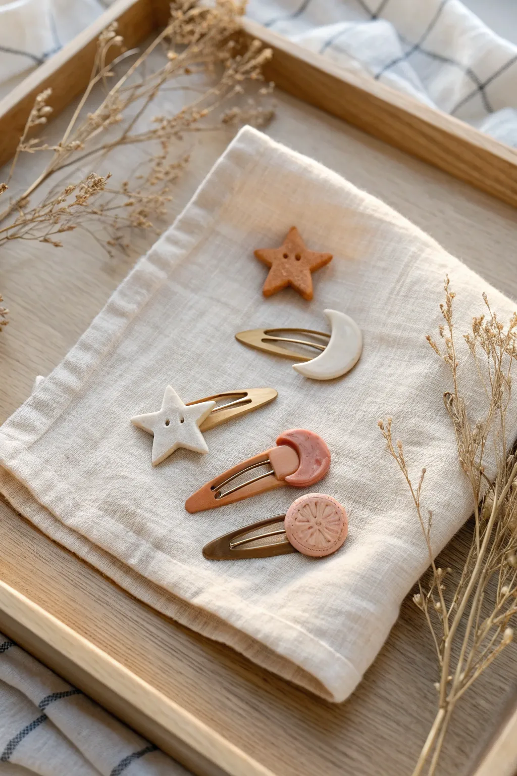 Beginner oven-bake clay hair clip charms in soft neutral tones, styled on linen.