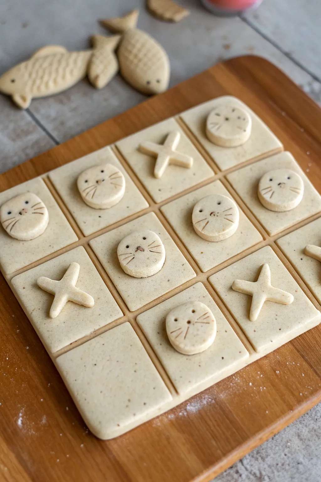 Sweet oven-bake clay tic-tac-toe travel set with cute cat and fish pieces, mid-game.
