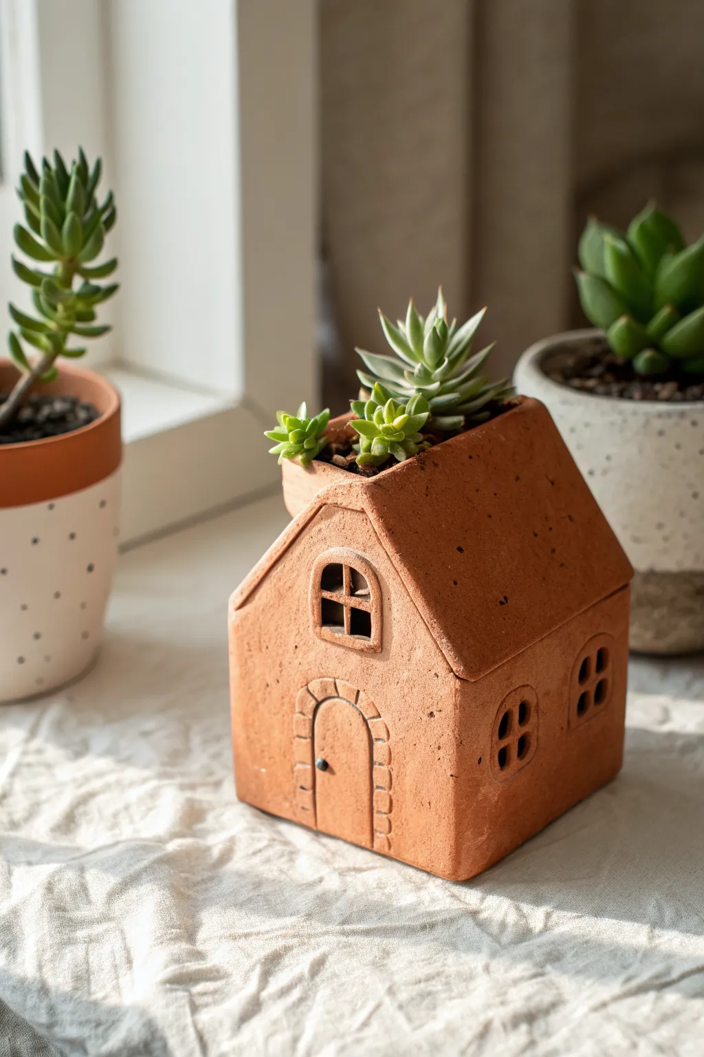 Cute tiny oven-bake clay house planter with a fresh succulent, minimalist Scandinavian boho vibe
