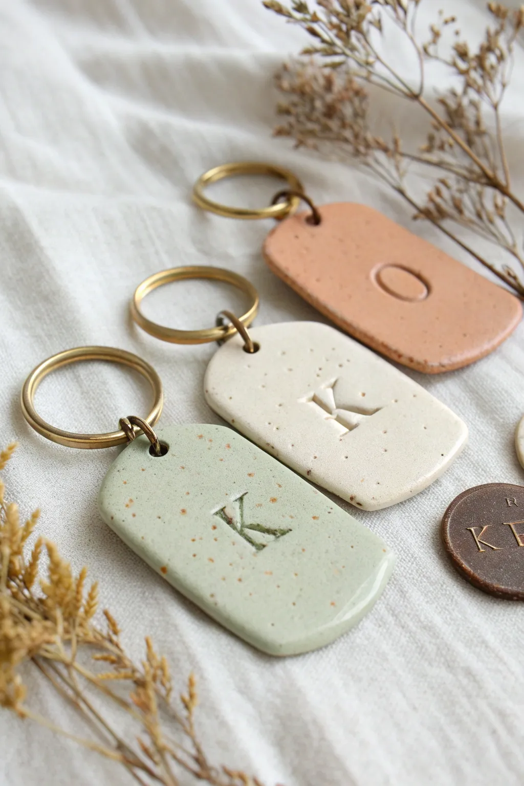 Minimal polymer clay keychain tags with stamped initials in soft boho colors, easy DIY charm