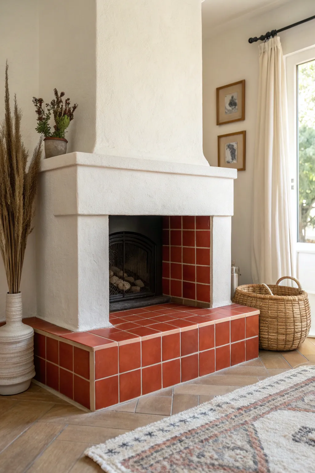 A bold color-dipped hearth row adds a playful pop while the rest of the tiles stay serene.