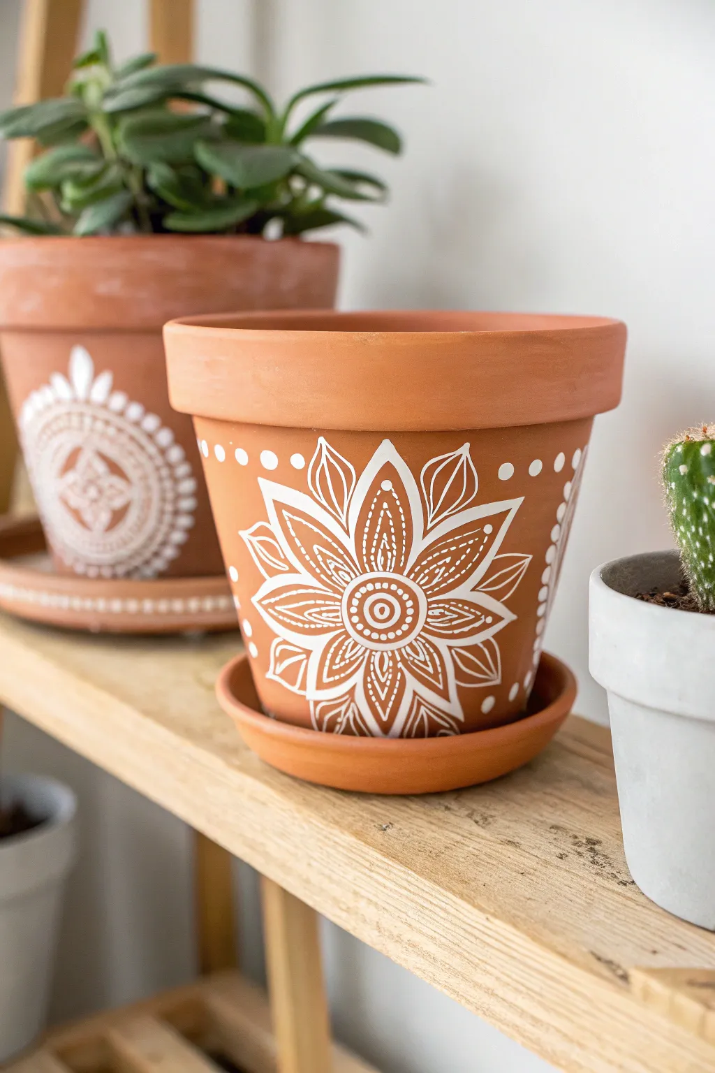 Boho mandala flower pot in earthy tones, a simple DIY look that elevates any plant shelf.