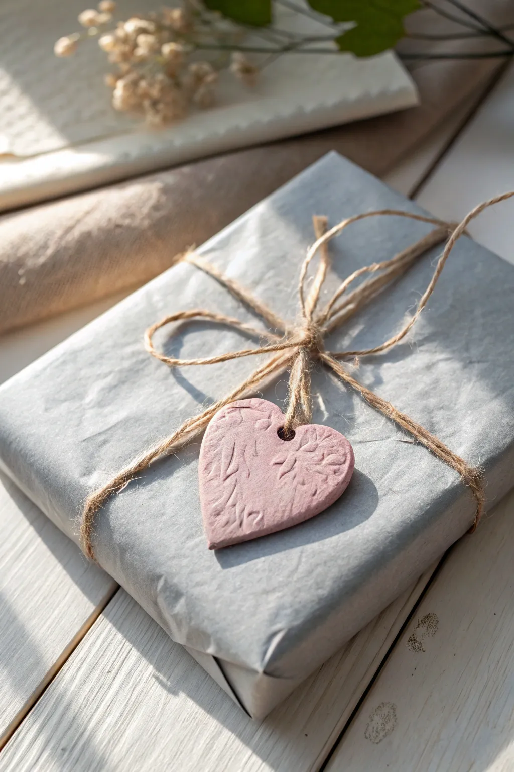 Minimal paper clay heart gift tag with matte blush finish, tied in twine for a handmade touch.