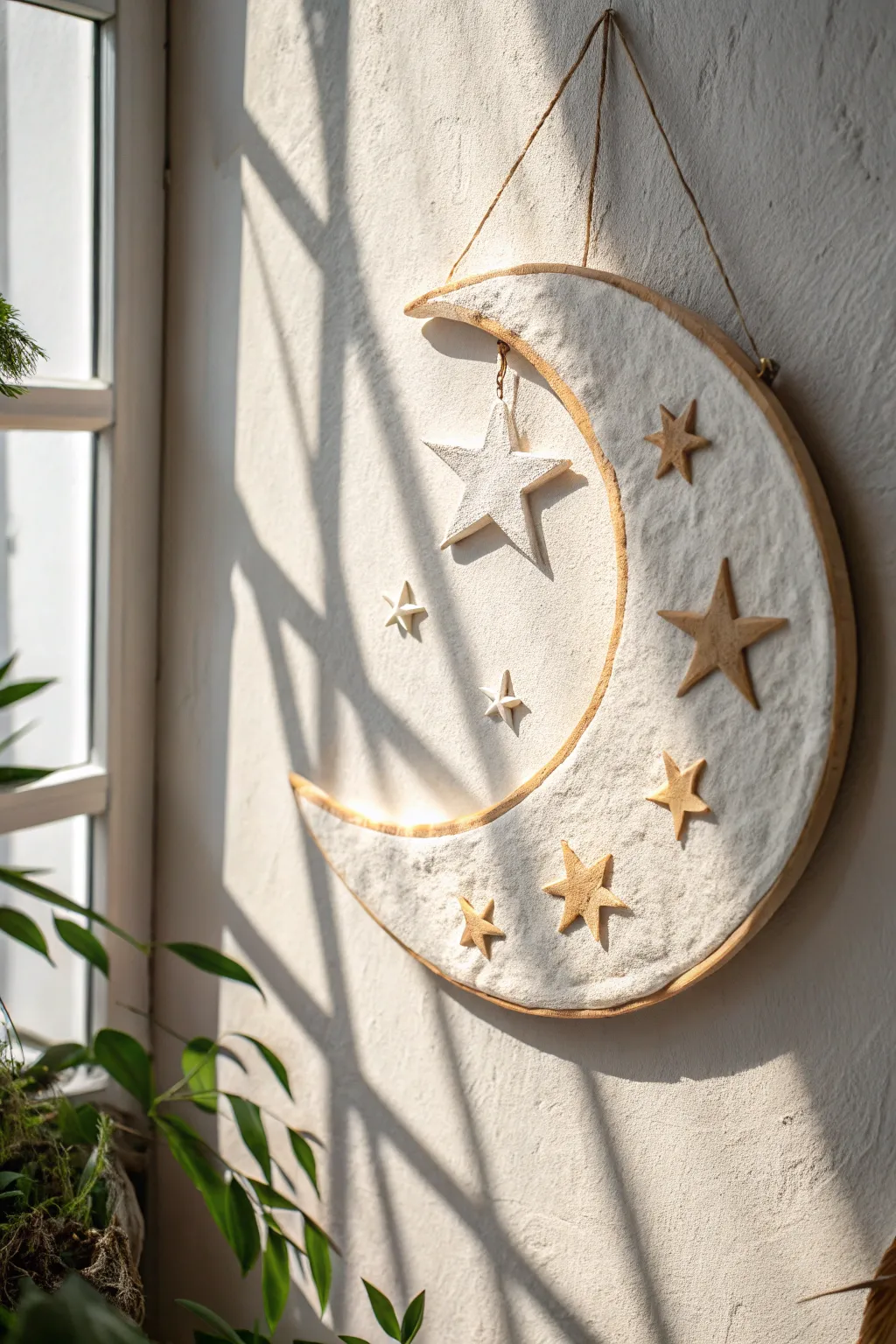 Minimal paperclay moon and stars wall relief with soft shadows for an airy, boho look