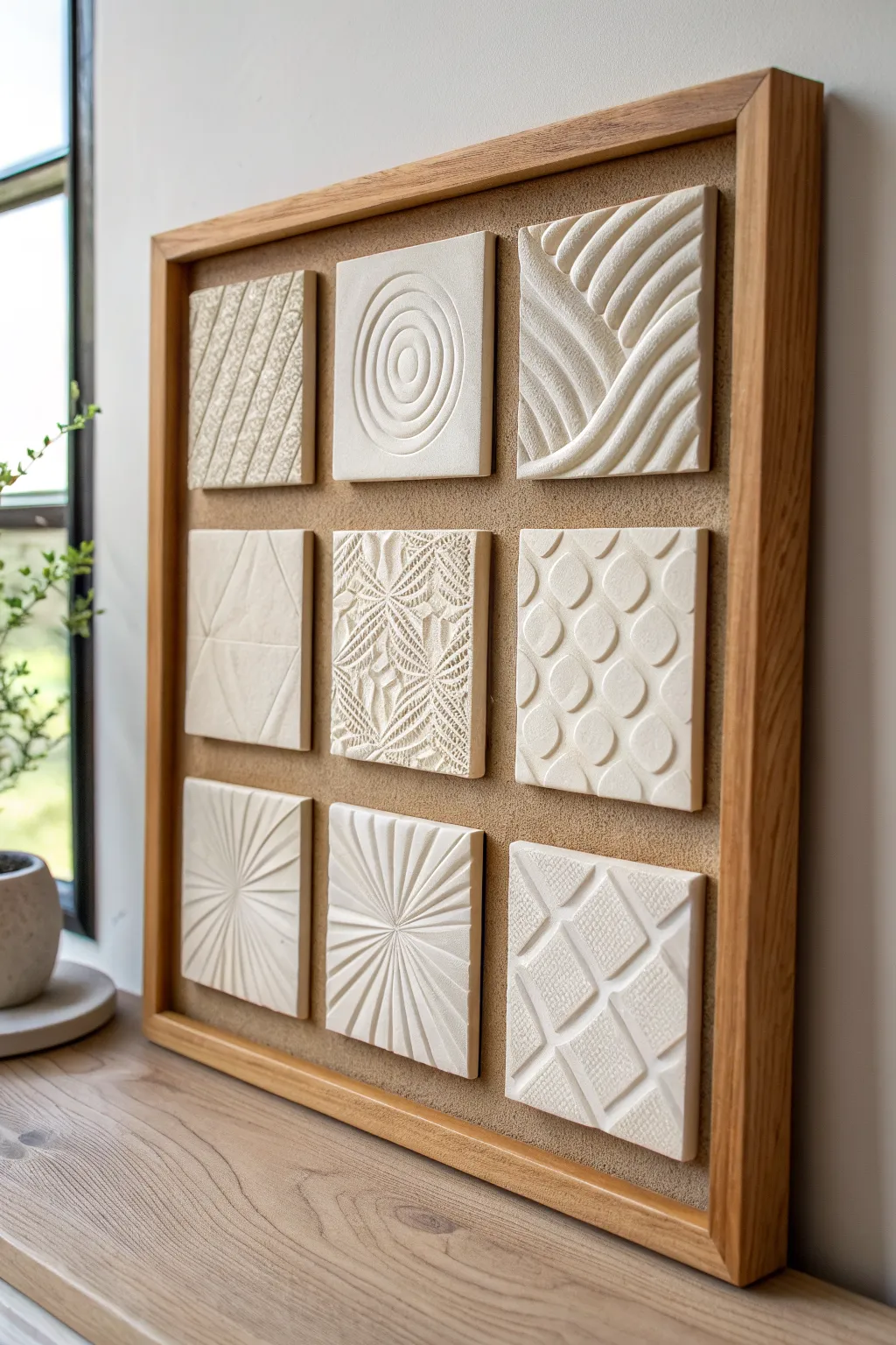 Minimal paper mache clay texture tile grid wall art in calm neutrals with soft sculpted relief