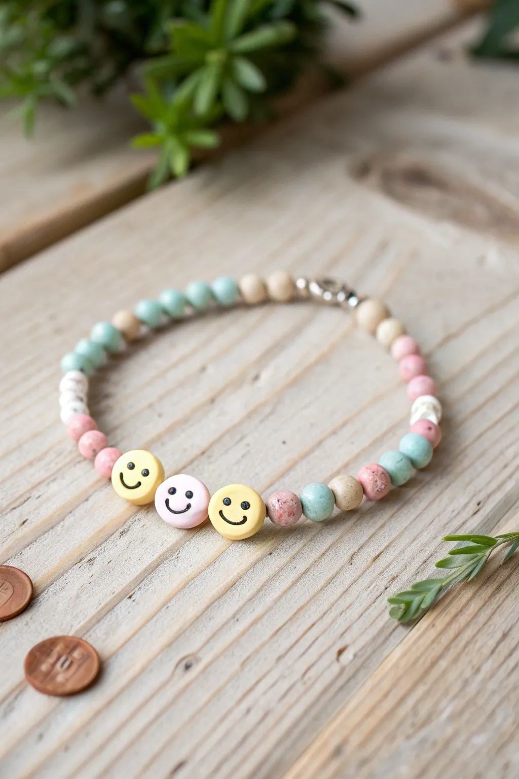 Pastel smiley bracelet on pale wood, minimalist and boho, a sweet handmade detail.