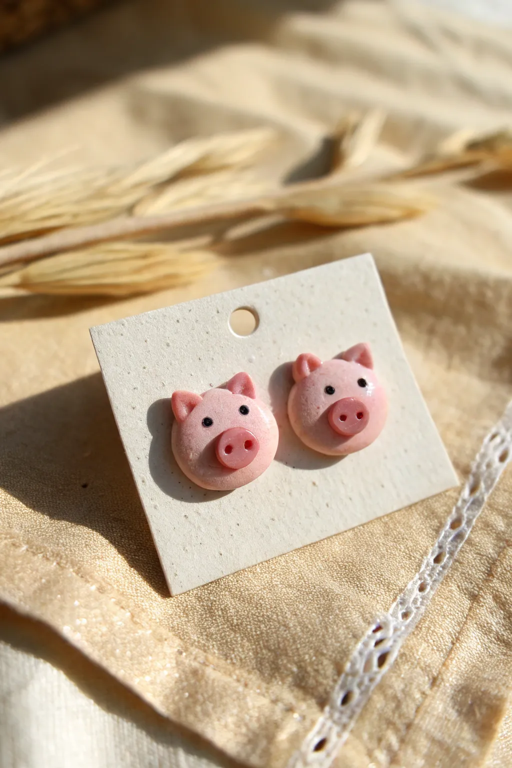 Sweet matching pig stud earrings on a neutral card, simple clay charm with cozy minimal style.