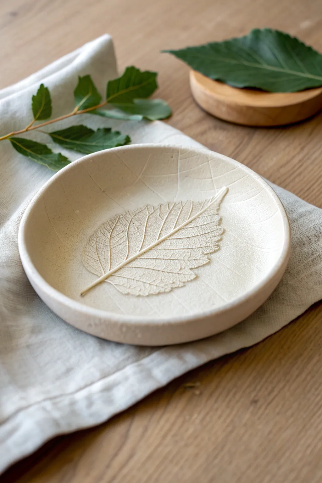 Simple leaf-imprint pinch dish with calm Scandinavian styling and natural texture